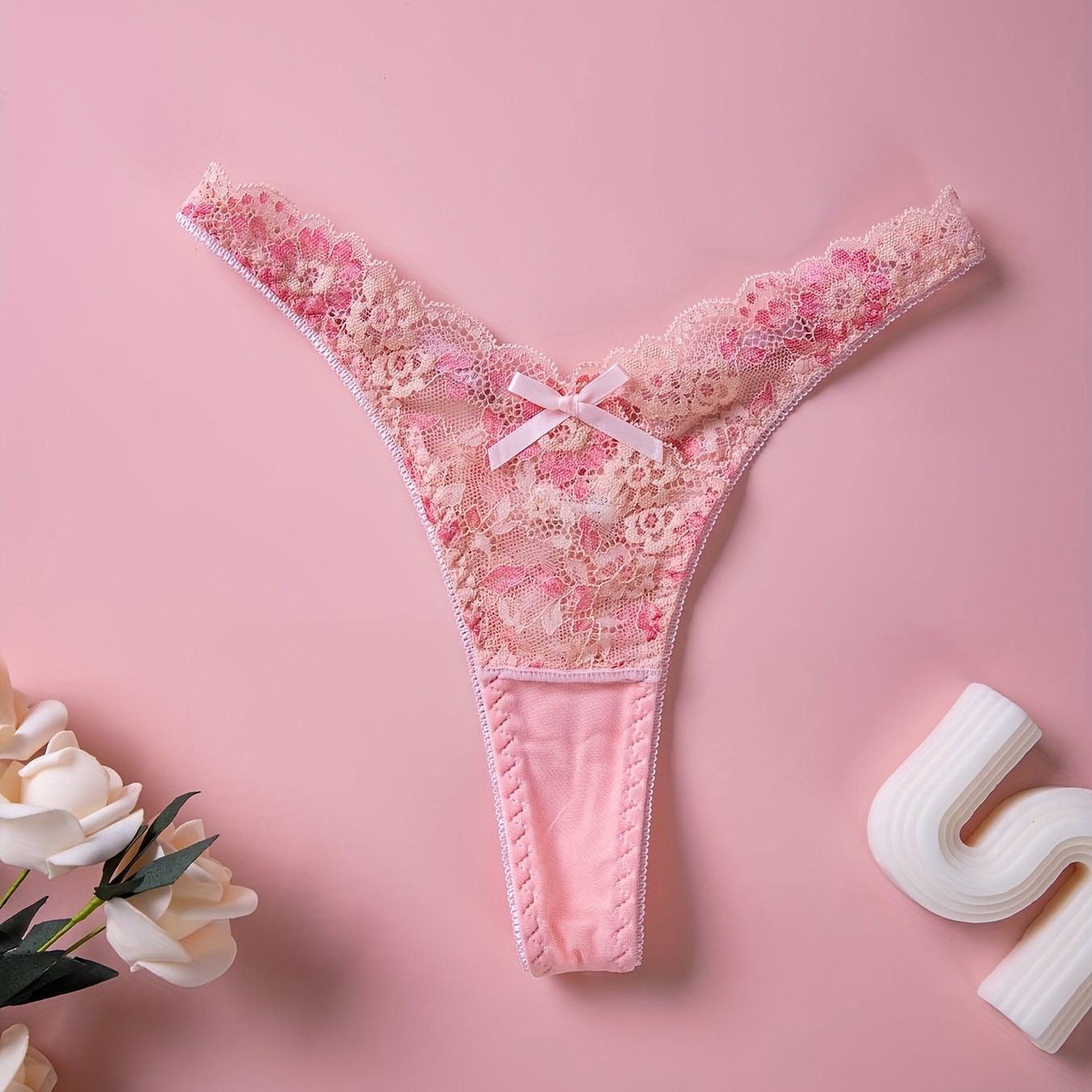 Women's Floral Lace Thong and Bow Tie Panties Lingerie
