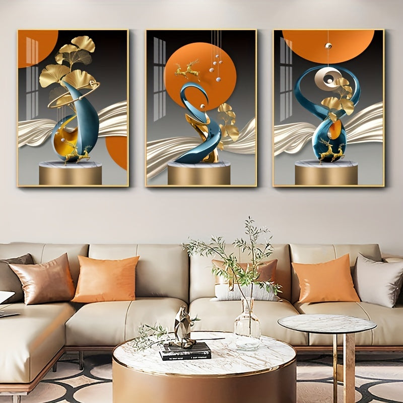 Oltin Bug'doy Ginkgo Yaprog'i Kanvas Devori San'ati 3 ta to'plam - Uy bezash uchun mukammal, yashash xonasi, uy ofisi, to'y va oshxona uchun. Ramkasiz.