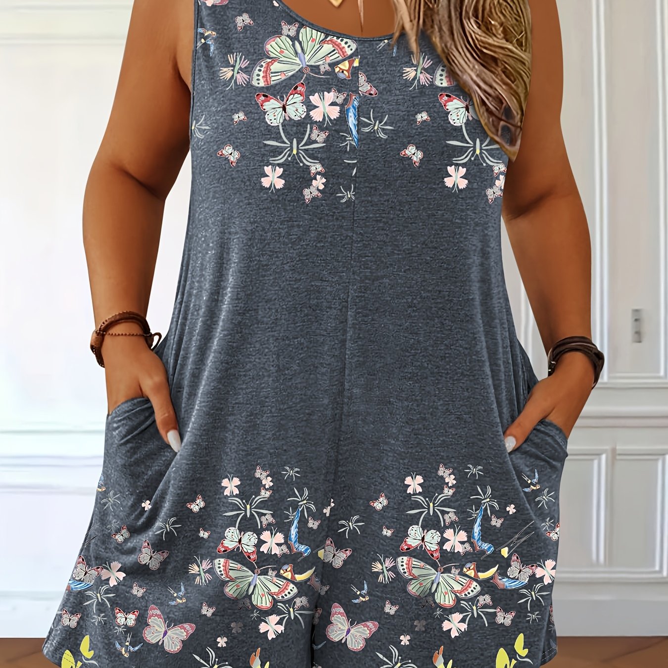 Women's Plus Size Butterfly Floral Print Sleeveless Jumpsuit Summer Dress with Pockets
