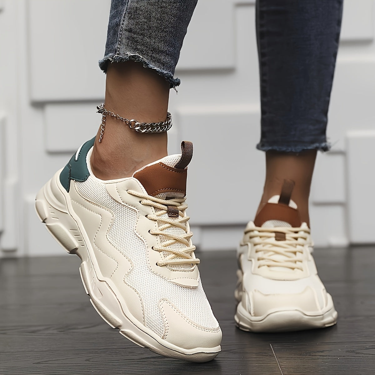 Women's Breathable Mesh Running Sneakers, Khaki Casual Lace-Up Shoes