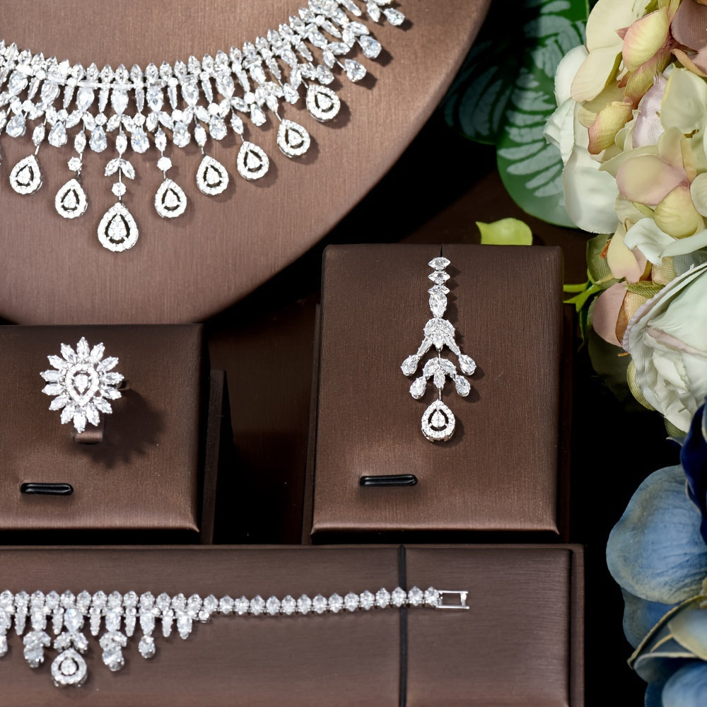 Conjunto de joyería de zirconia cúbica elegante para mujeres con collar, pendientes, anillo y pulsera