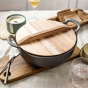 Cast Iron Skillet with Wooden Lid for Frying Sautéing and Stewing 10-Inch
