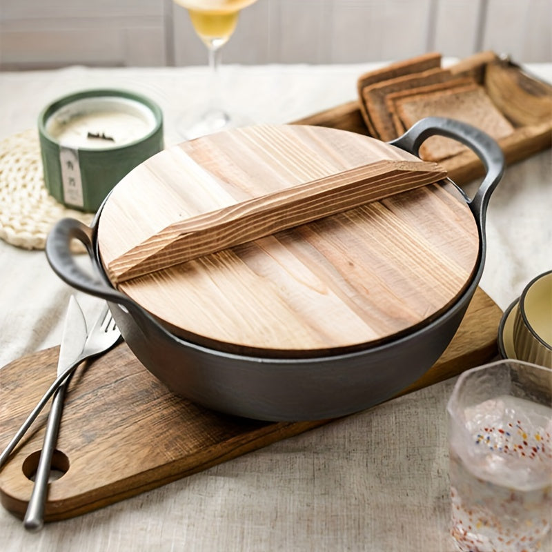Cast Iron Skillet with Wooden Lid for Frying Sautéing and Stewing 10-Inch