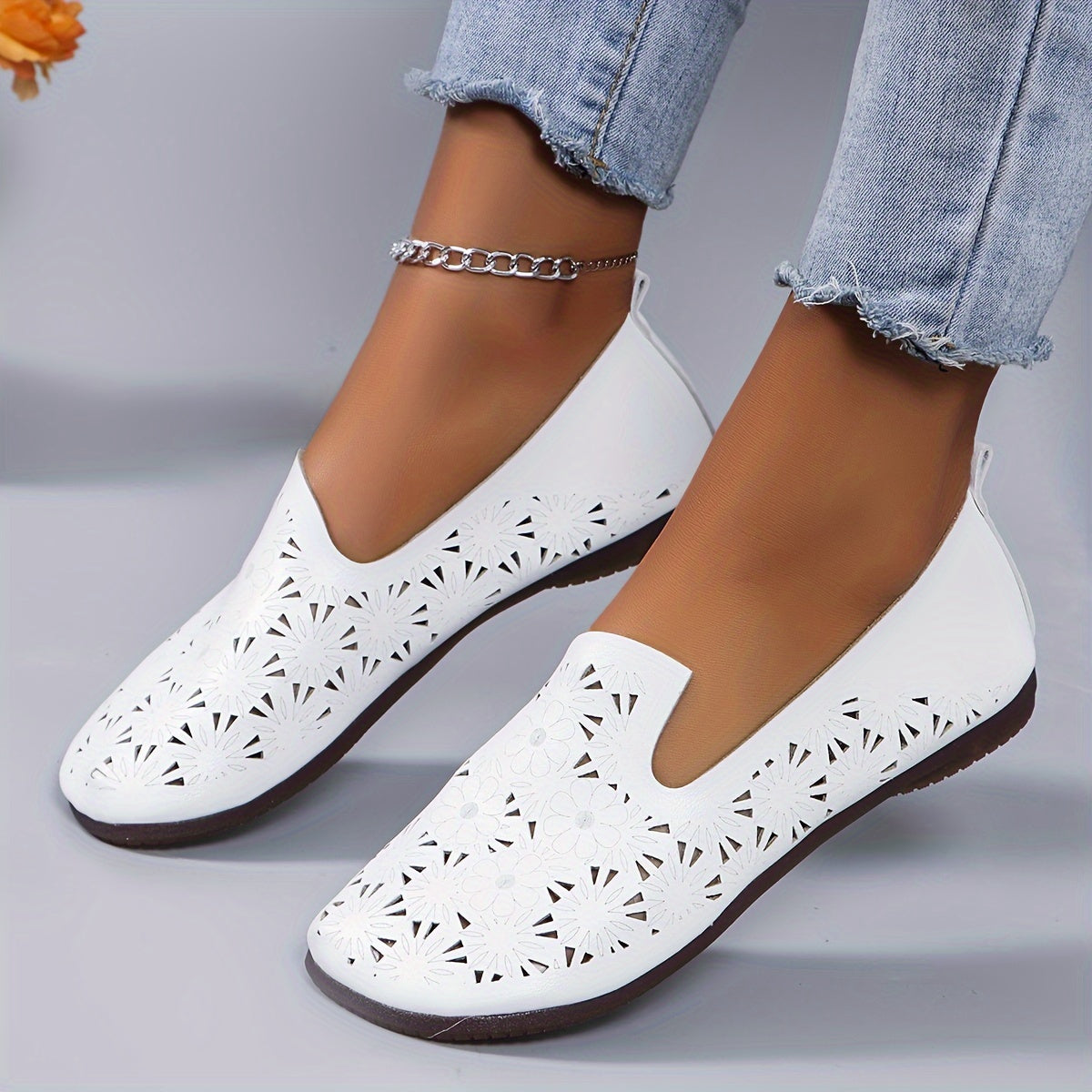 Women’s White Floral Flat Shoes With Non-Slip Rubber Sole