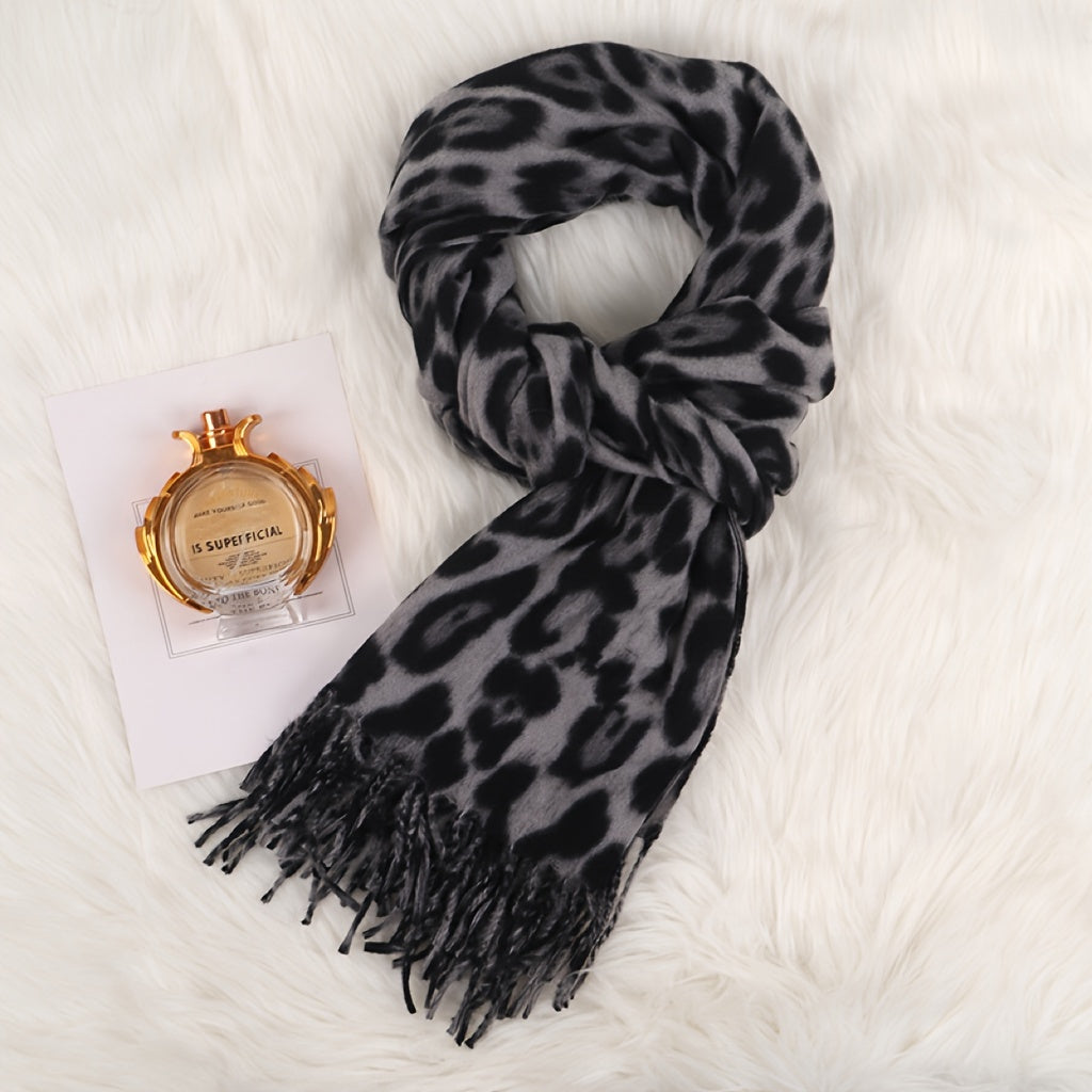 Women's Leopard Print Scarf Polyester Tassel Shawl for Autumn Winter