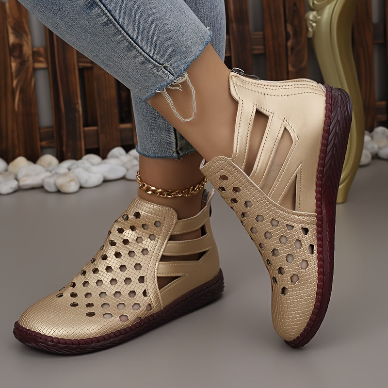 Women's Rhinestone Ankle Boots with Cut-Outs Zipper Flat Sole All-Season