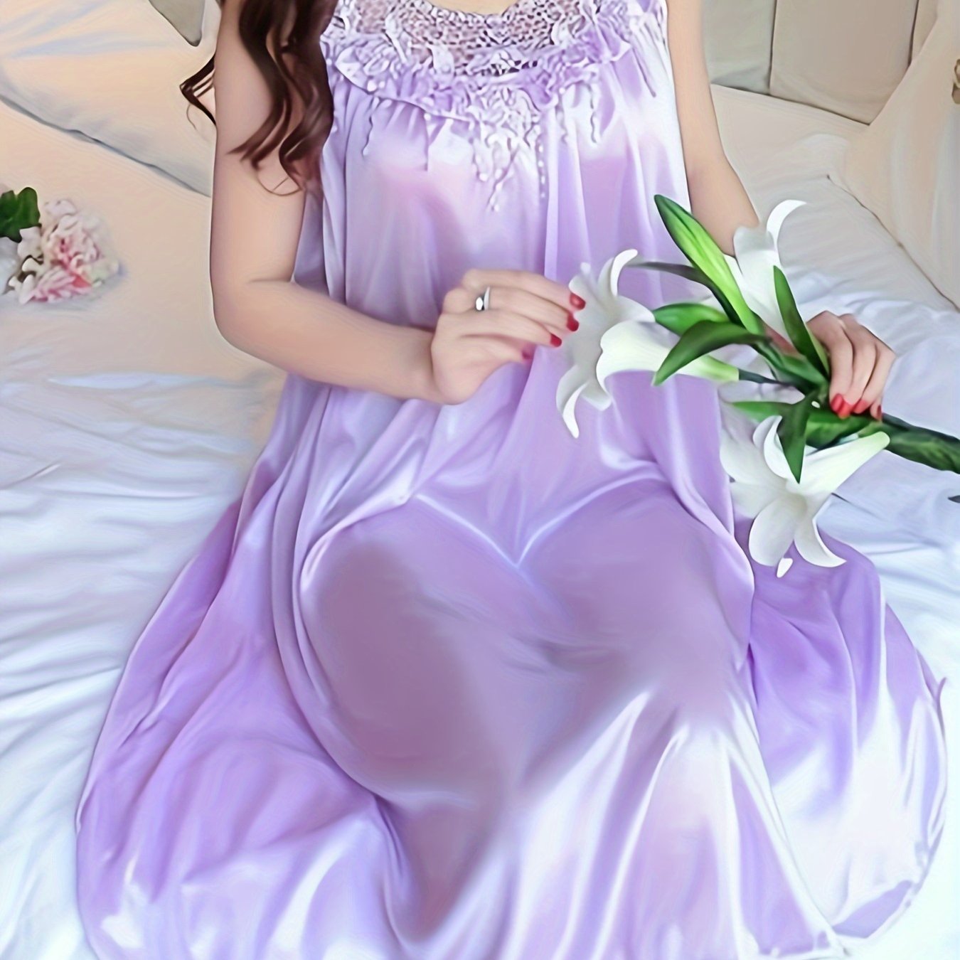 Women's Sleeveless Lace Nightdress Summer Elegant Solid Color Satin Feel Sleepwear