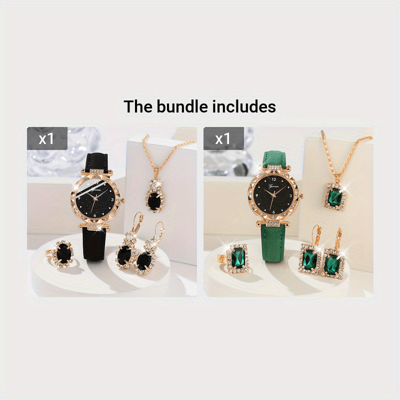 Women's Jewelry Set of 5 Shiny Rhinestone Quartz Watches and Bracelets Made of PU Leather