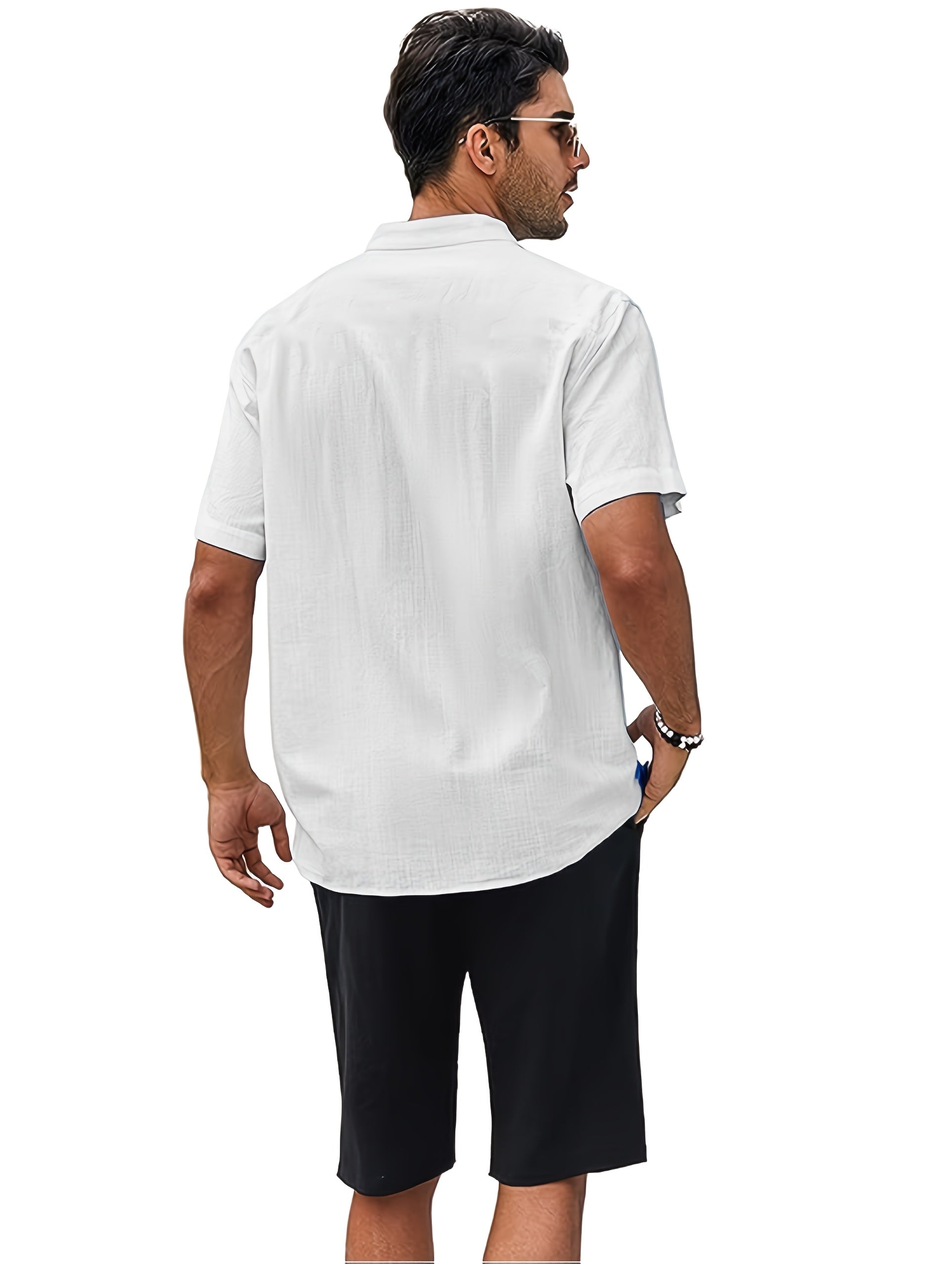 Men's Plus Size Solid Blue Cotton Short Sleeve Casual Shirt for Summer Vacation