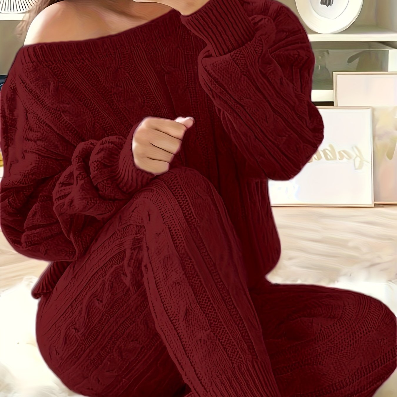 Plus Size Casual Shoulder Bag Sweater Set Women Knit Lounge Wear