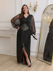 Women's Beaded Sequin V-Neck Batwing Sleeve Midi Dress Formal Party Wear