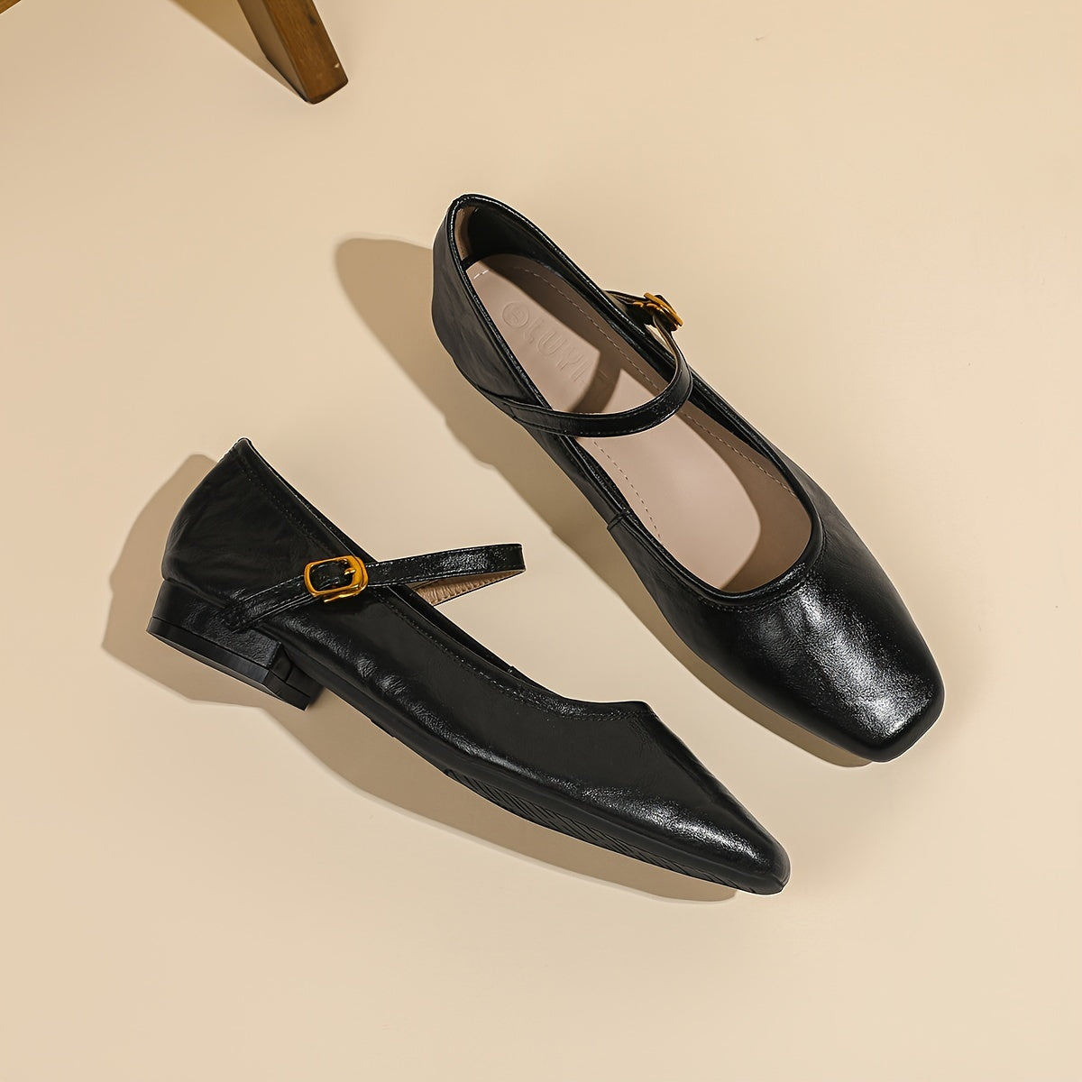 Women Black Faux Cover Mary Jane Flats with Low Heel and Ankle Strap