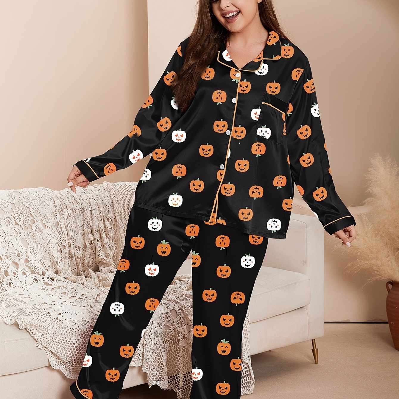 Plus Size Women's Casual Pajama Set Long Sleeve Heart Letter Print Lounge Wear