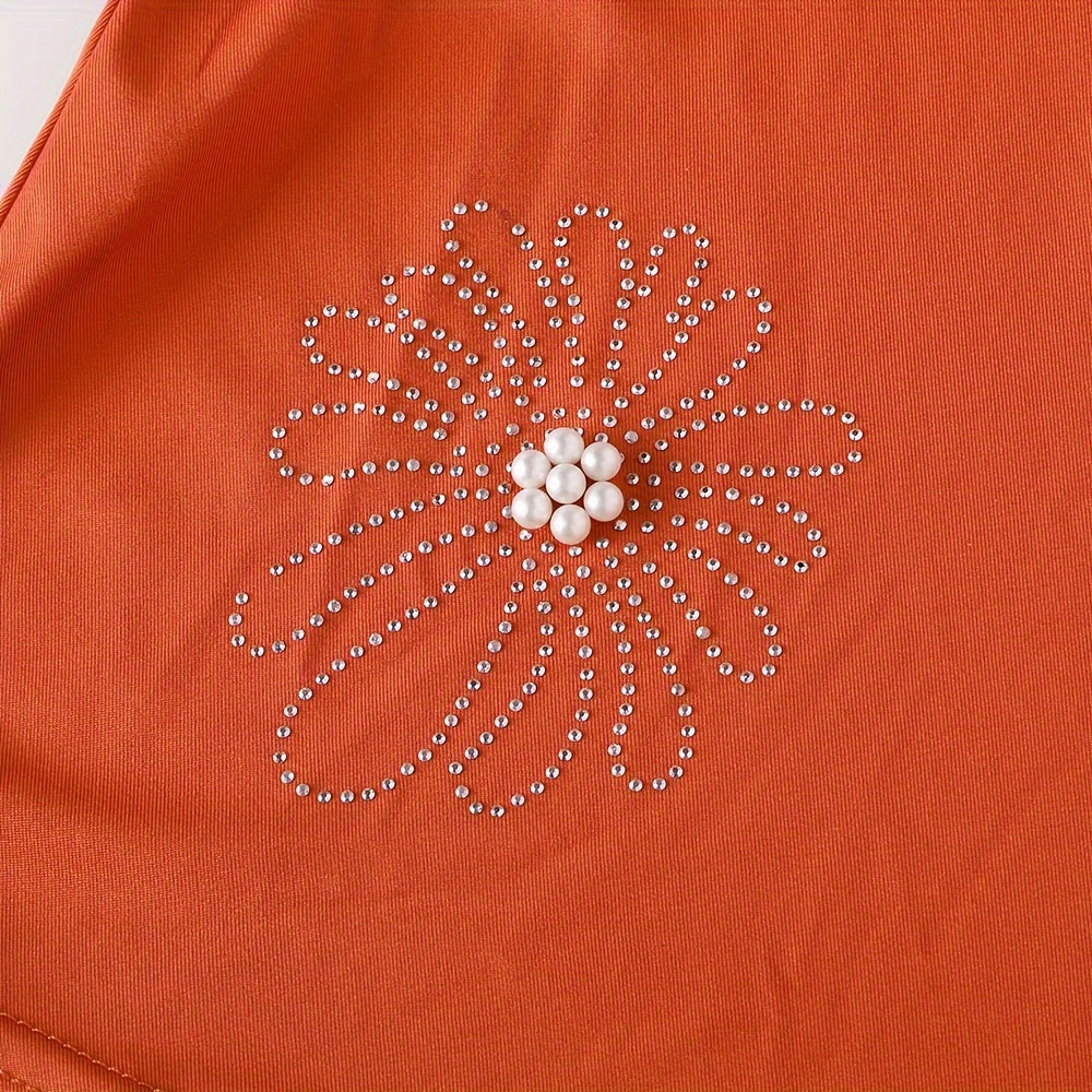 Women's Solid Color Elastic Polyester Hijab with Rhinestone and Pearl Accents