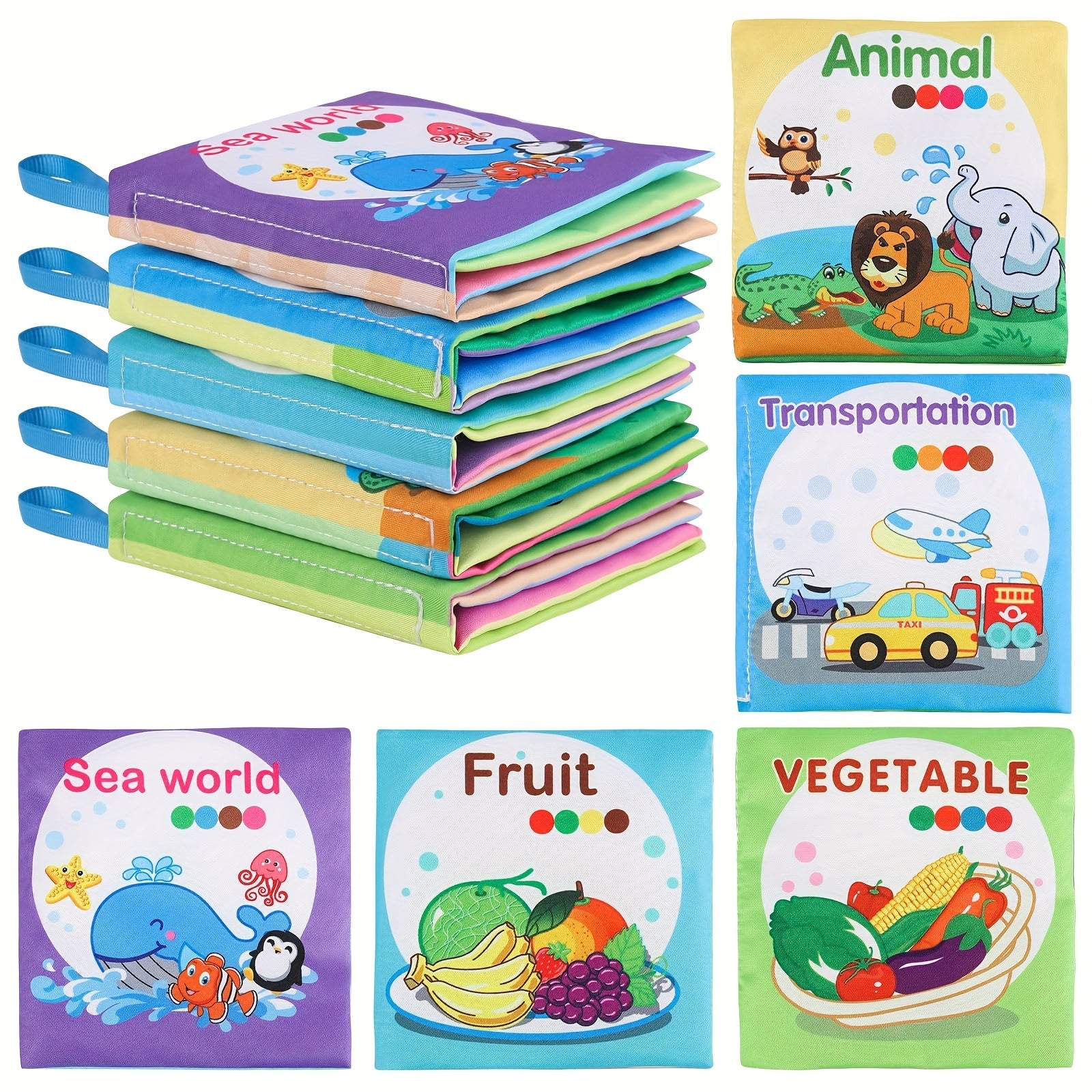 5 children's bath time books on animals, fruits, vegetables, and transportation