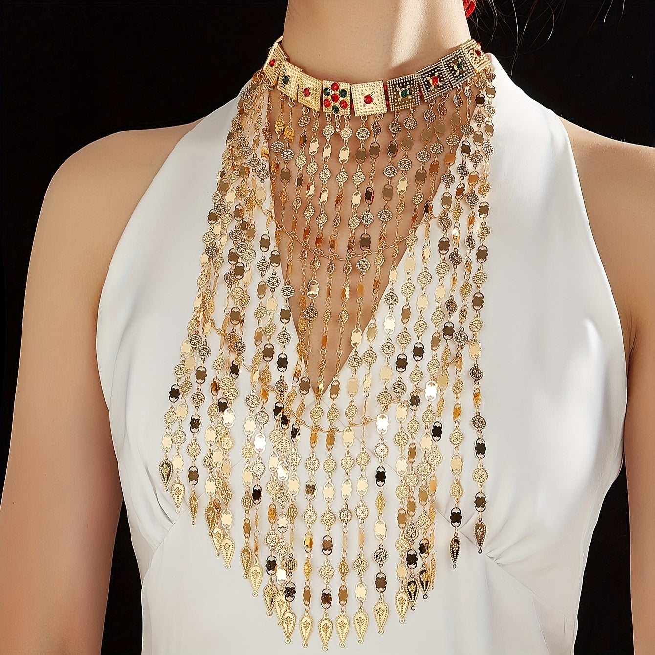 Women's Gold-Plated Arabian Style Jewelry Set Necklace Earrings Bracelet for Everyday and Vacation Wear