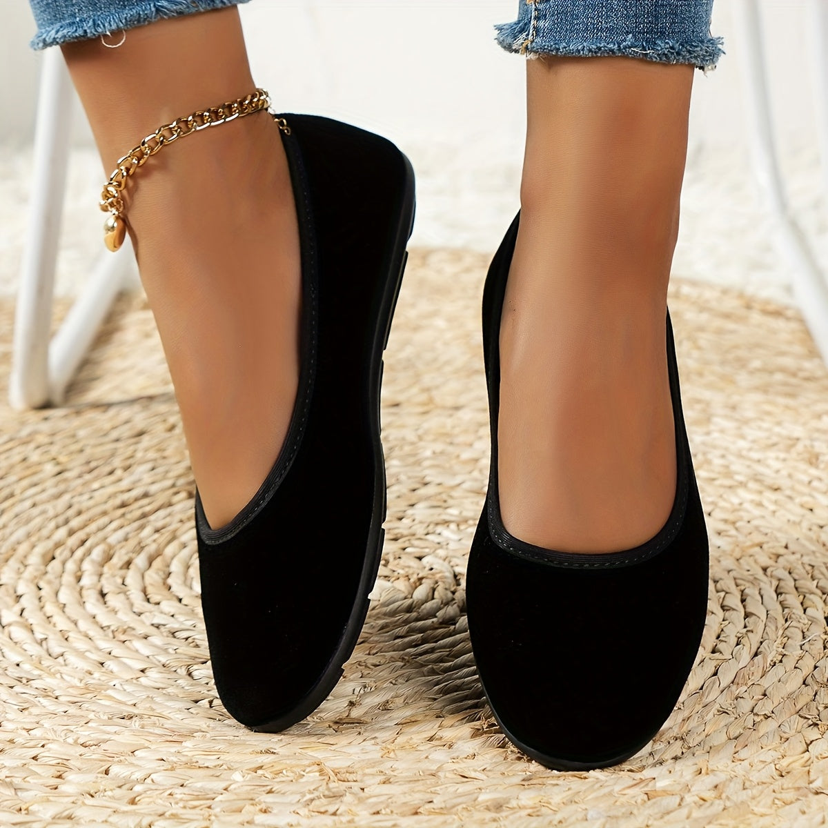 Women's Black Slip-On Ballet Flats with Adjustable Ankle Strap