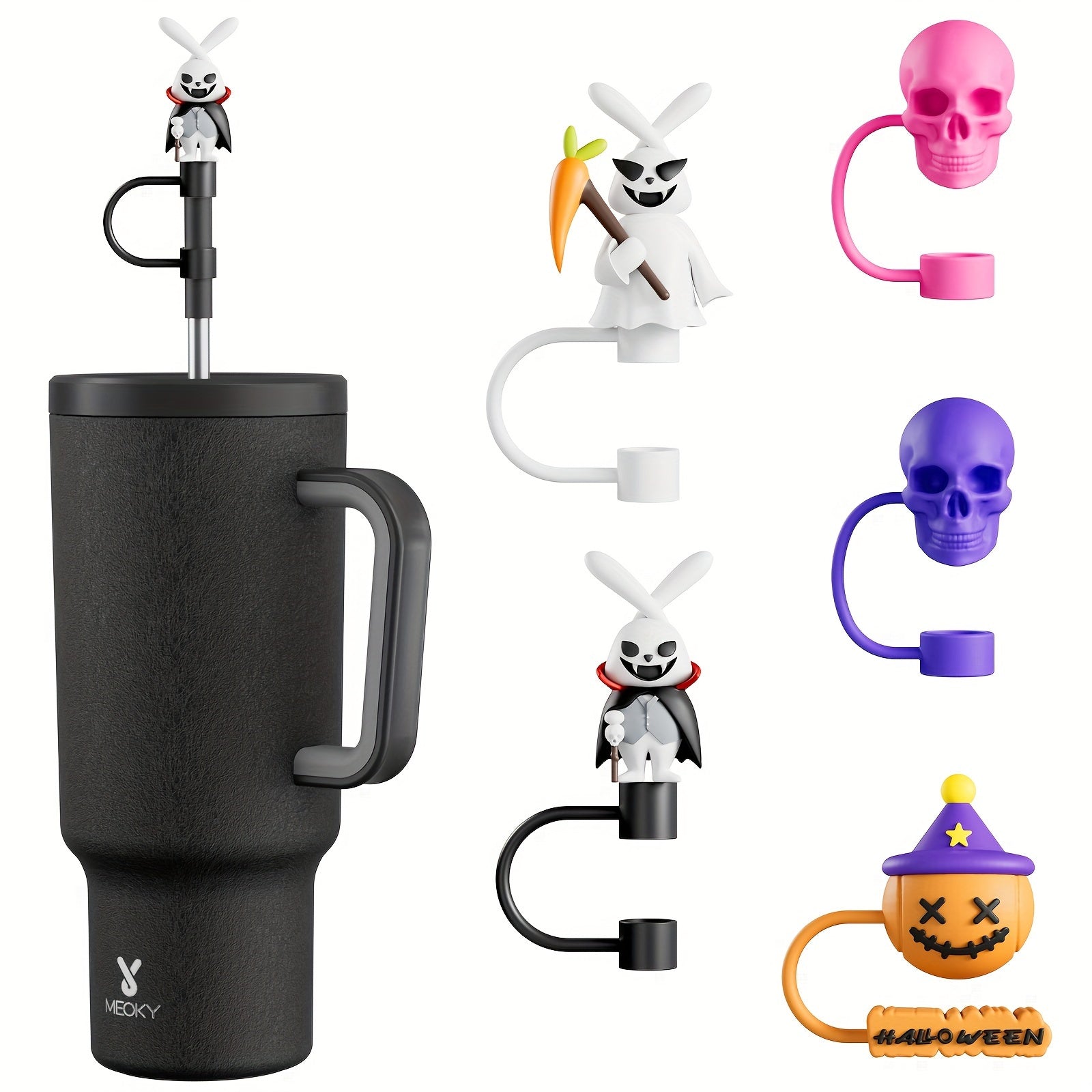 Halloween Themed Stainless Steel Water Bottles Set with BPA-Free Straws and Fun Lids 6 Pack