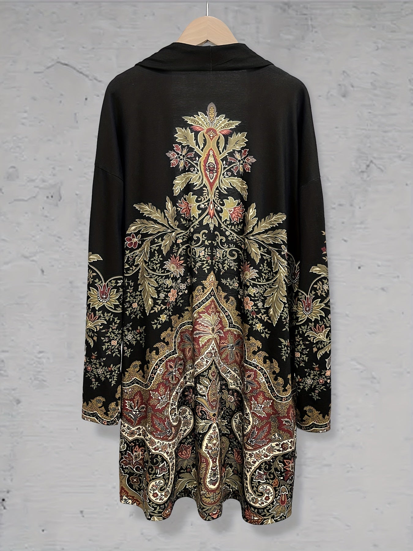 Plus Size Ethnic Floral Print Open Front Long Sleeve Top for Spring Fall Women