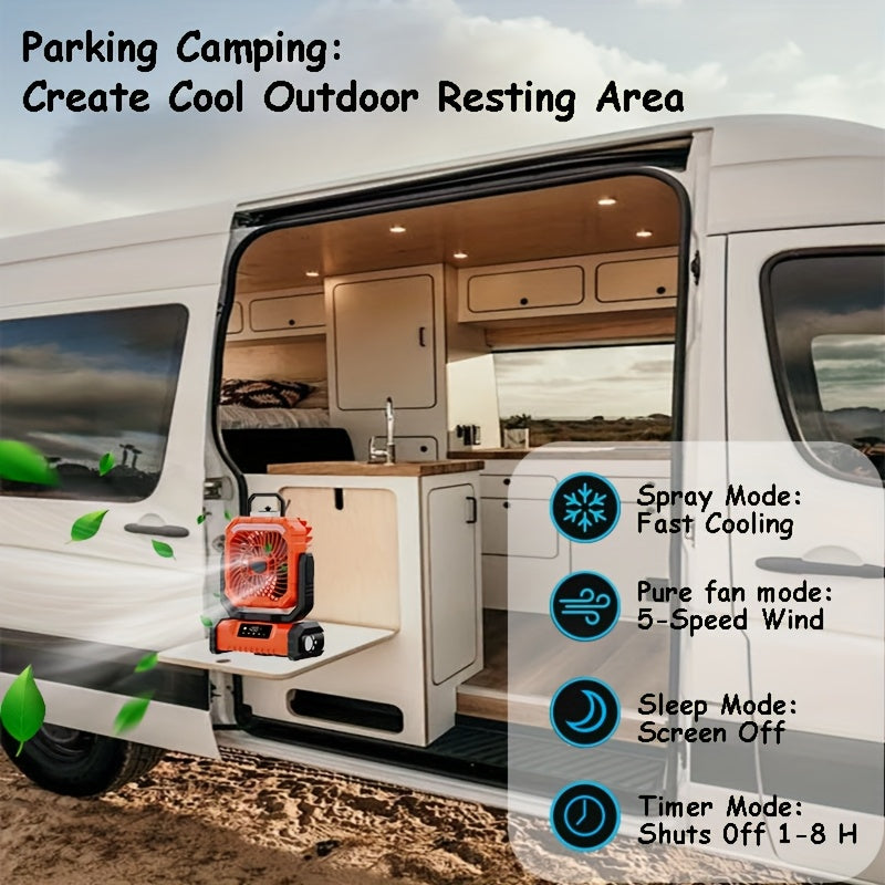 LED displey va masofadan boshqaruv bilan portativ RV ventilyatori, besh tezlikda sovutish, katta suv shishasi, uchta LED yorug'lik rejimi, favqulodda quvvat banki.