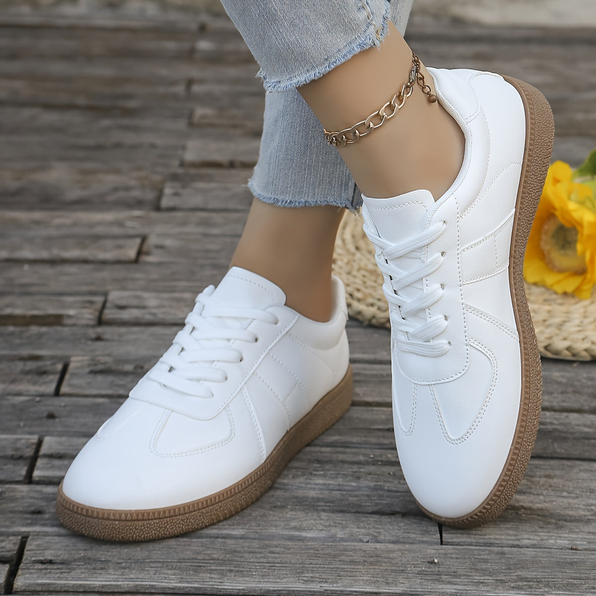 Women's White Casual Sneakers for All Seasons with Breathable PU Cover and Thick Sole