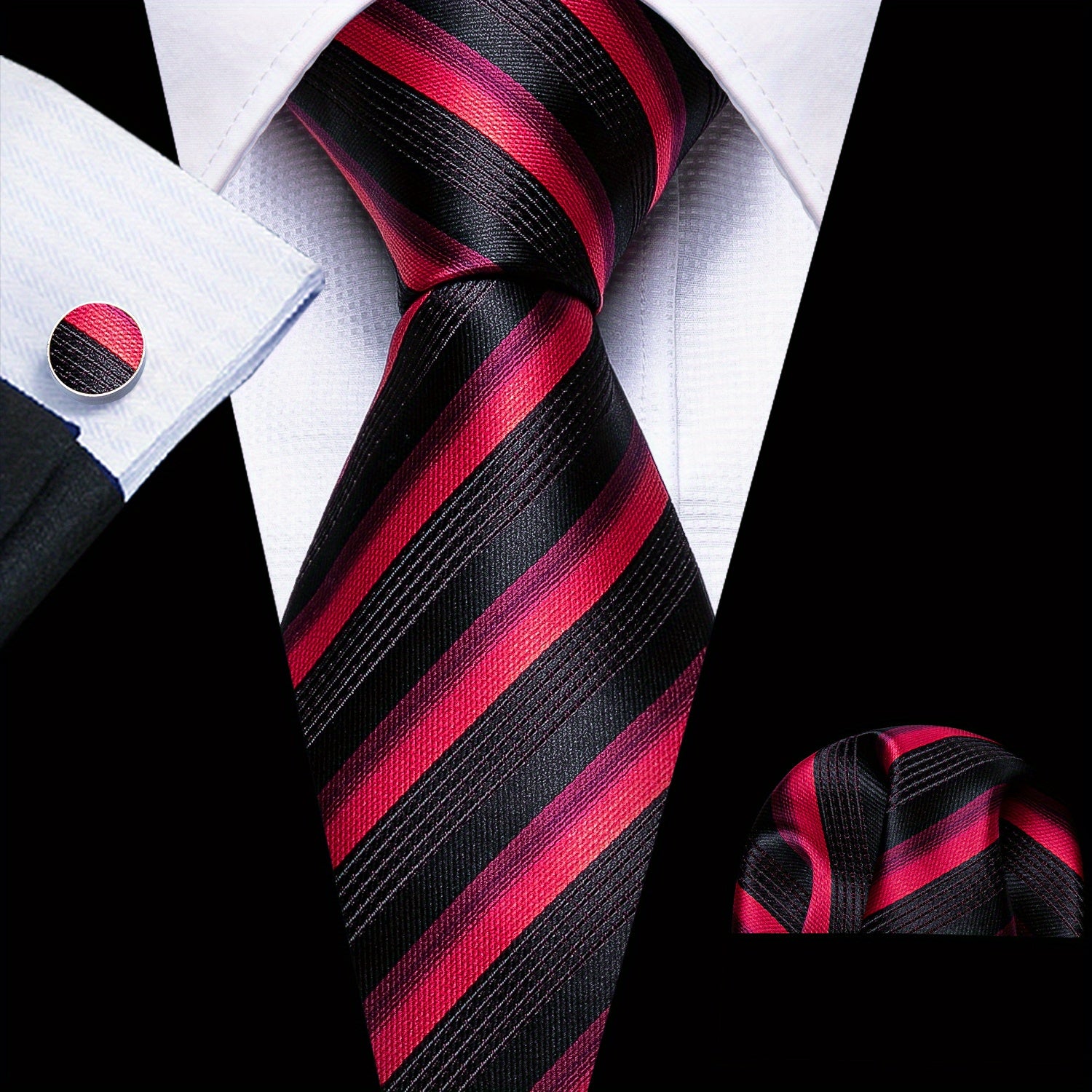 Men's Classic Striped Tie Set with Matching Handkerchief and Cufflinks for Formal and Casual Wear