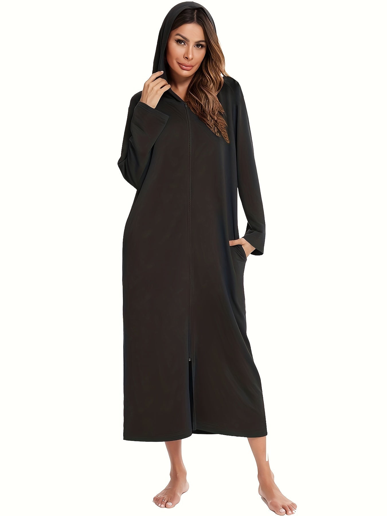 Women's Hooded Zip-Up Lounge Dress Solid Long Sleeve Casual Knit Fabric