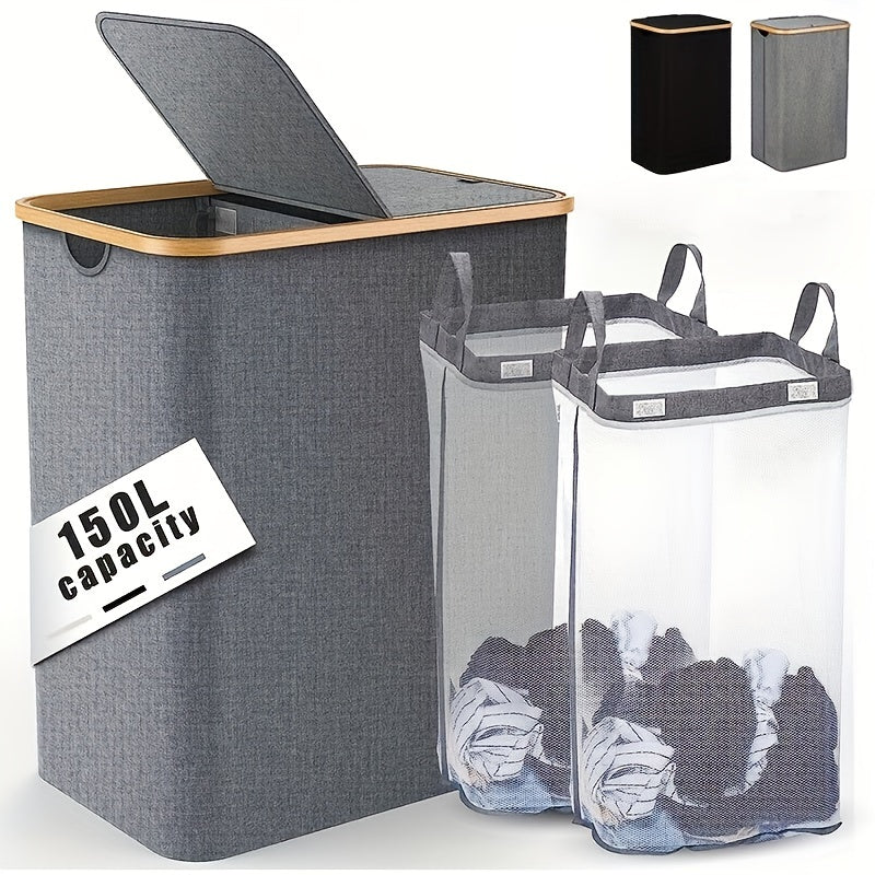 Gran cesta de ropa plegable con tapa y asas, capacidad de 150L para almacenamiento de ropa sucia