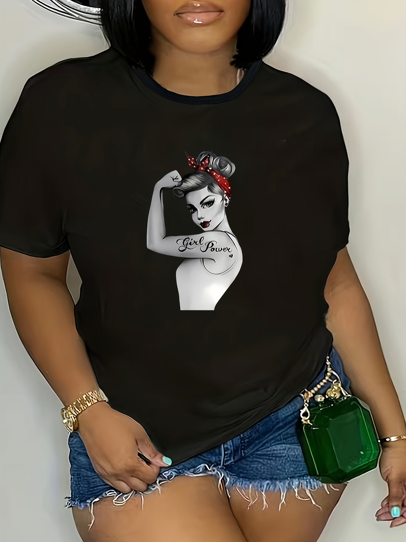 Plus Size Women's Black T-Shirt with Power Graphic Short Sleeve Casual Tee