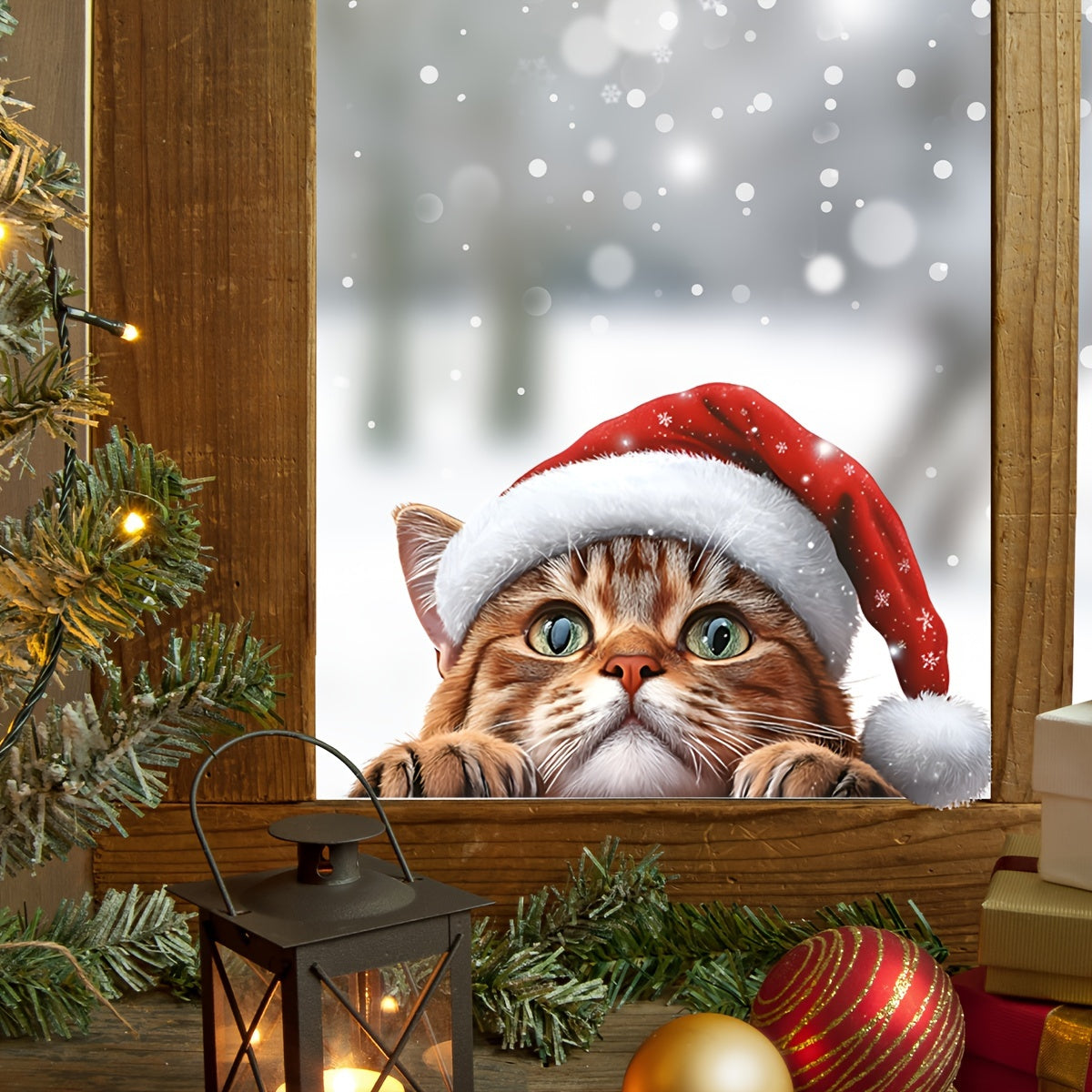 Double-Sided Cat Christmas Hat Glass Sticker Holiday Window Decor