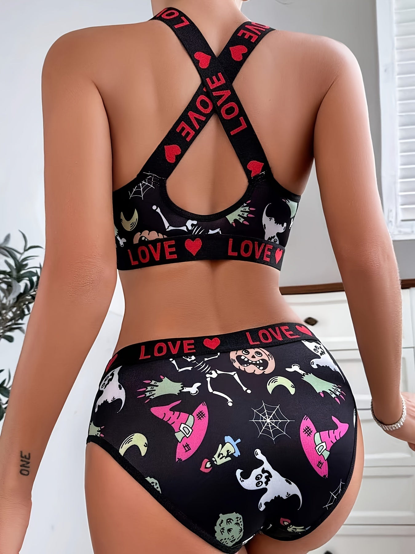 Color Block Letter Print Lingerie Set for Active Women Tank Top and Panties