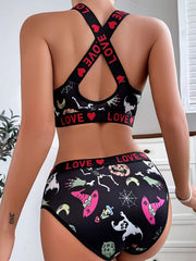 Color Block Letter Print Lingerie Set for Active Women Tank Top and Panties