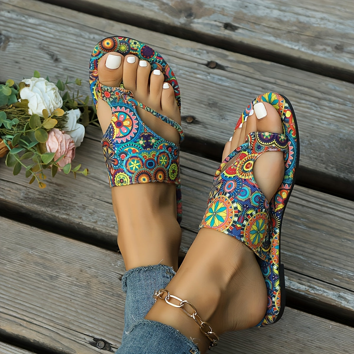 Women's Bohemian Floral Slide Sandals Open-Toe Flat with Adjustable Straps