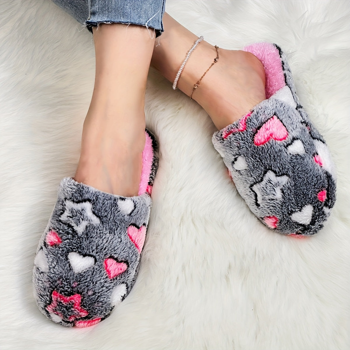 Women's Heart-Shaped Star Slippers Soft Plush Indoor House Shoes