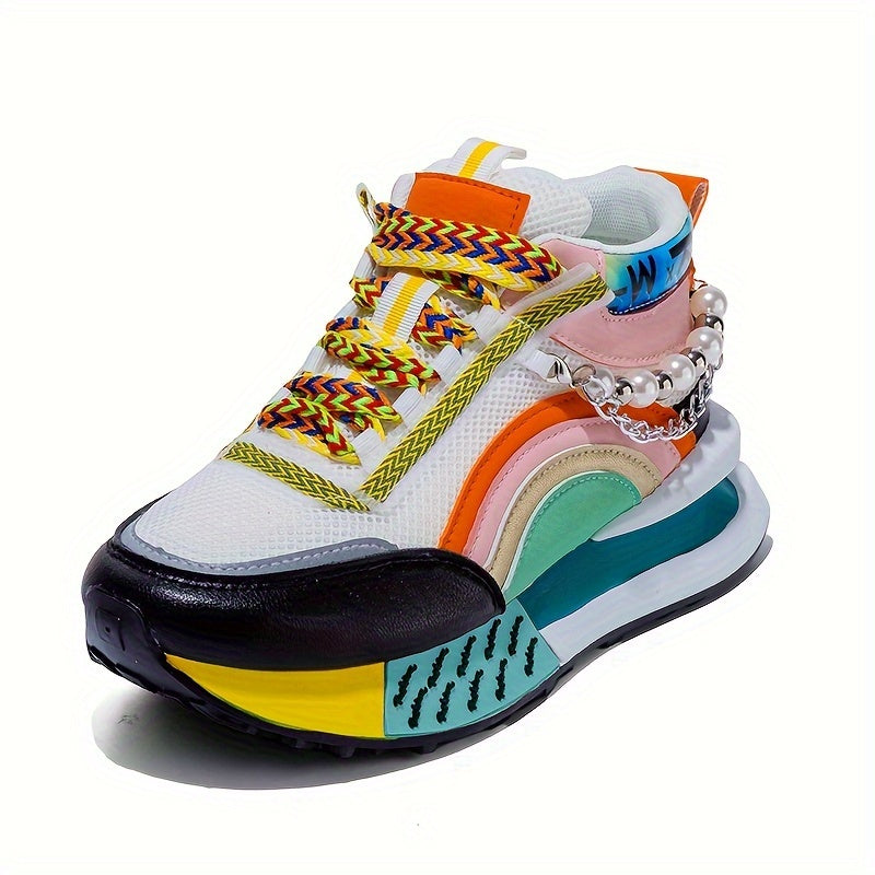 Women's Sneakers with Sparkling Bead Chain Breathable Mesh Lace-Up All-Season Mid Top