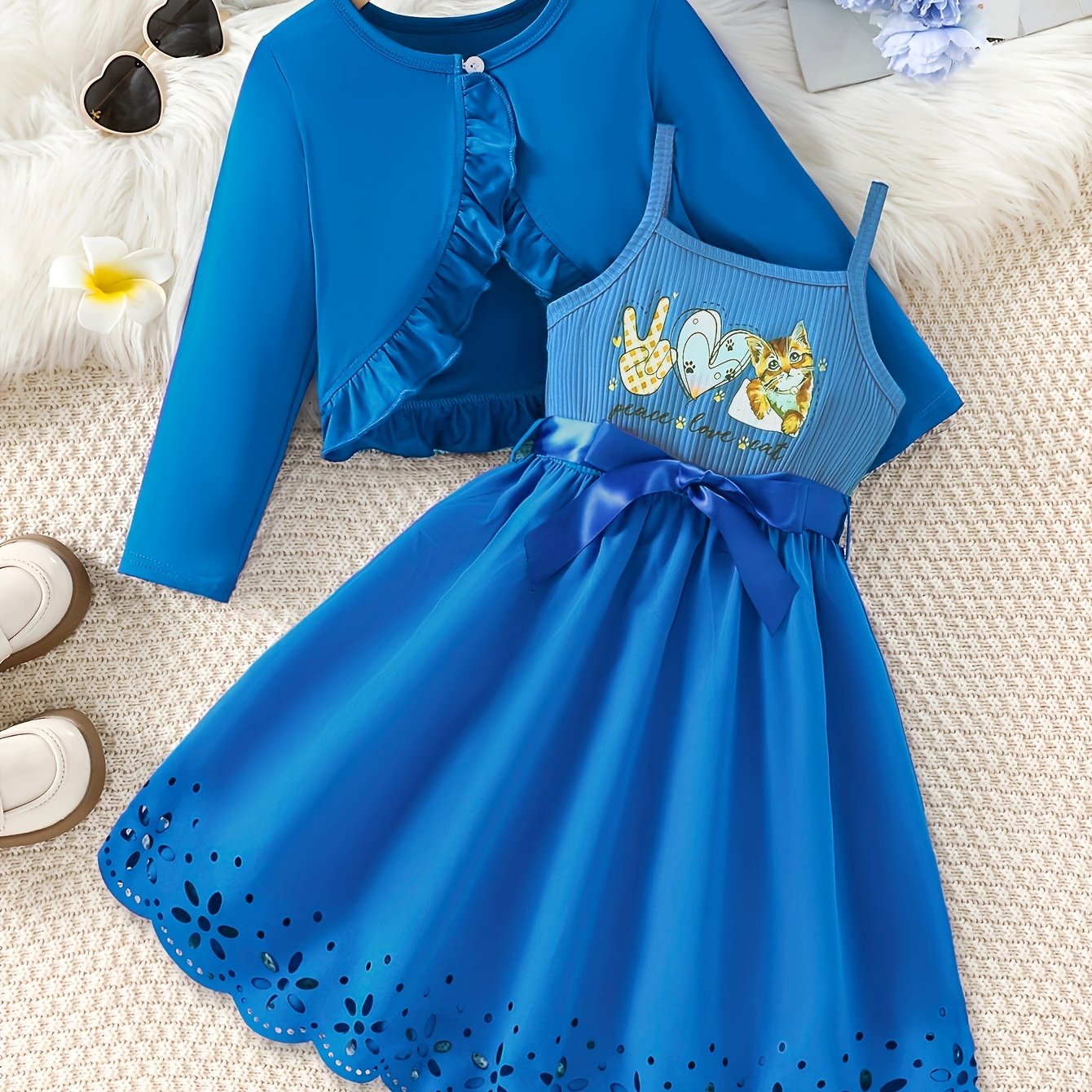 Girls' 2-Piece Dress Set with Frilled Cardigan and Cat Print Cami for Spring Fall Outdoor Activities