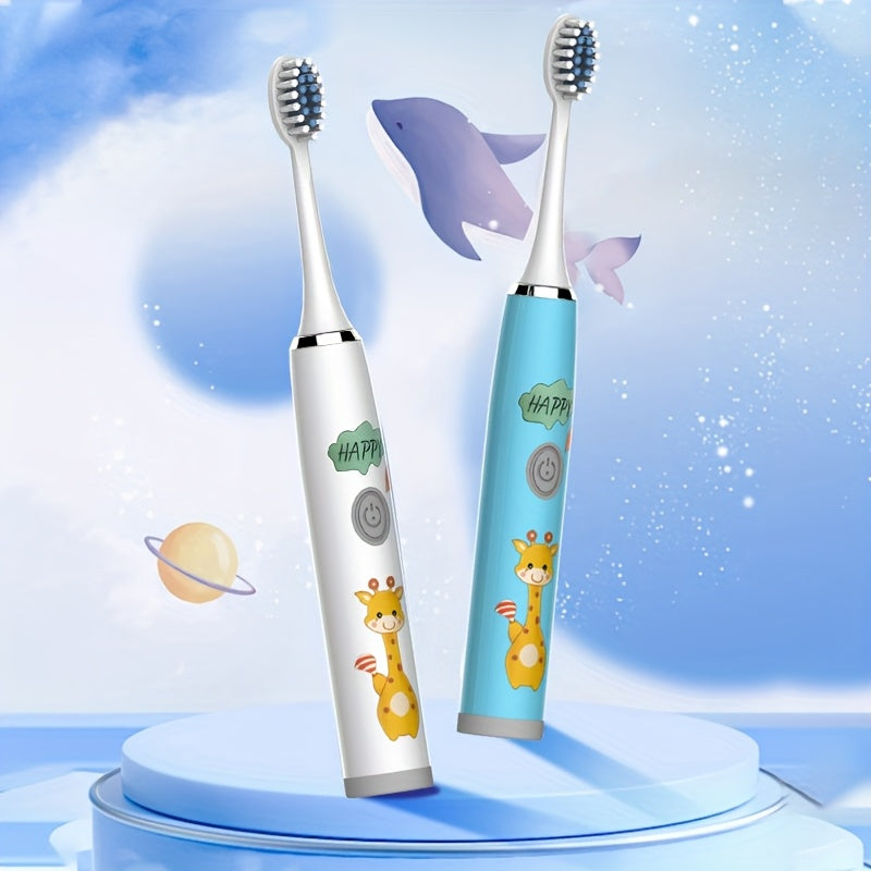 Электрическая зубная щетка для детей с 4 насадками, мягкая щетина, работает на батарейках