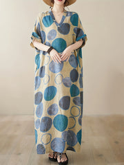 Vestido grande de escote en V con estampado de círculos, mangas cortas, bolsillos y estilo bohemio para la playa