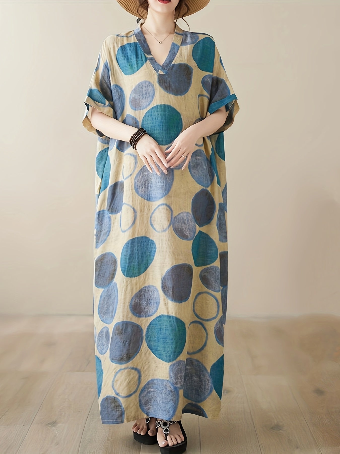 Vestido grande de escote en V con estampado de círculos, mangas cortas, bolsillos y estilo bohemio para la playa