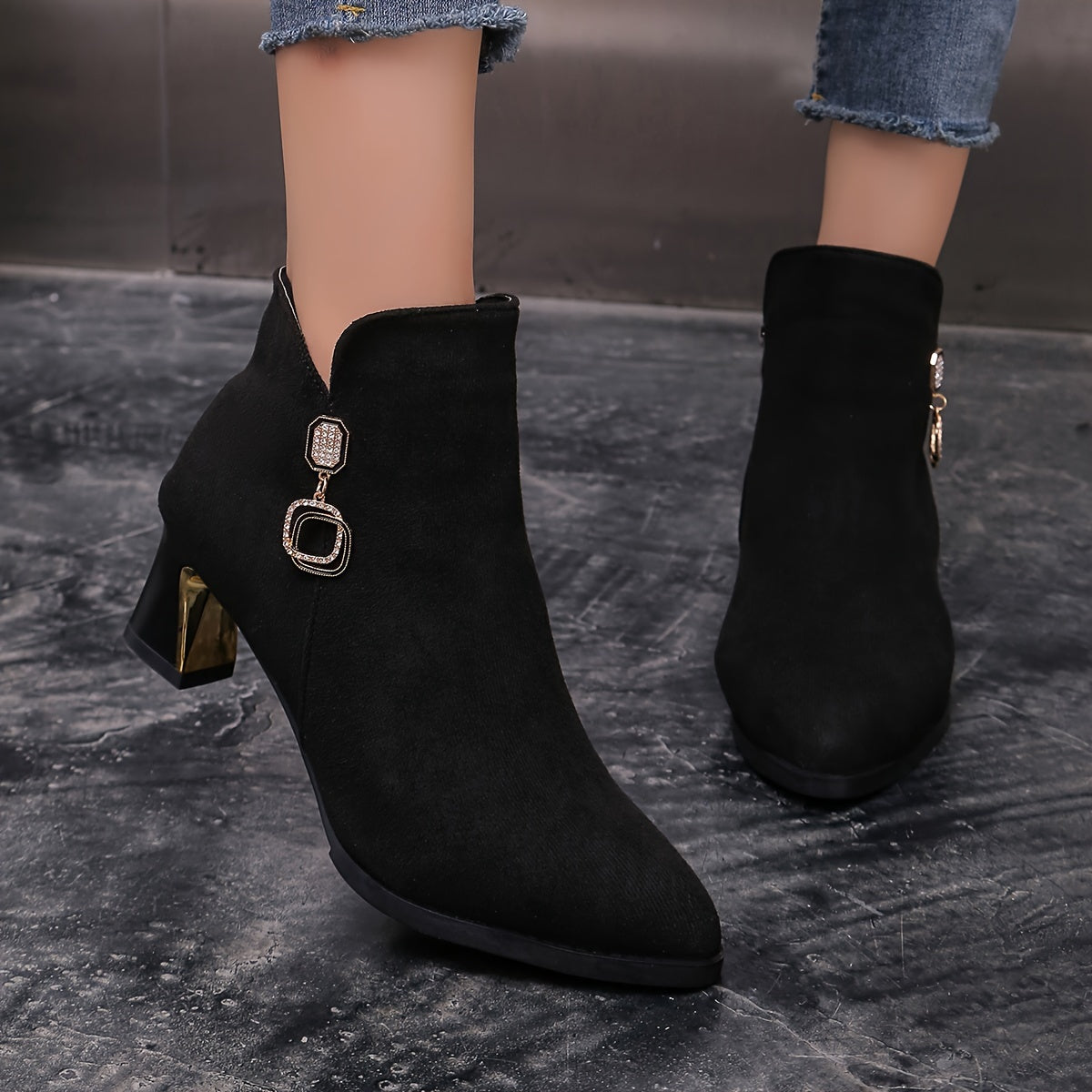 Women's Black Chelsea Ankle Boots with Plush Lining Metallic Details
