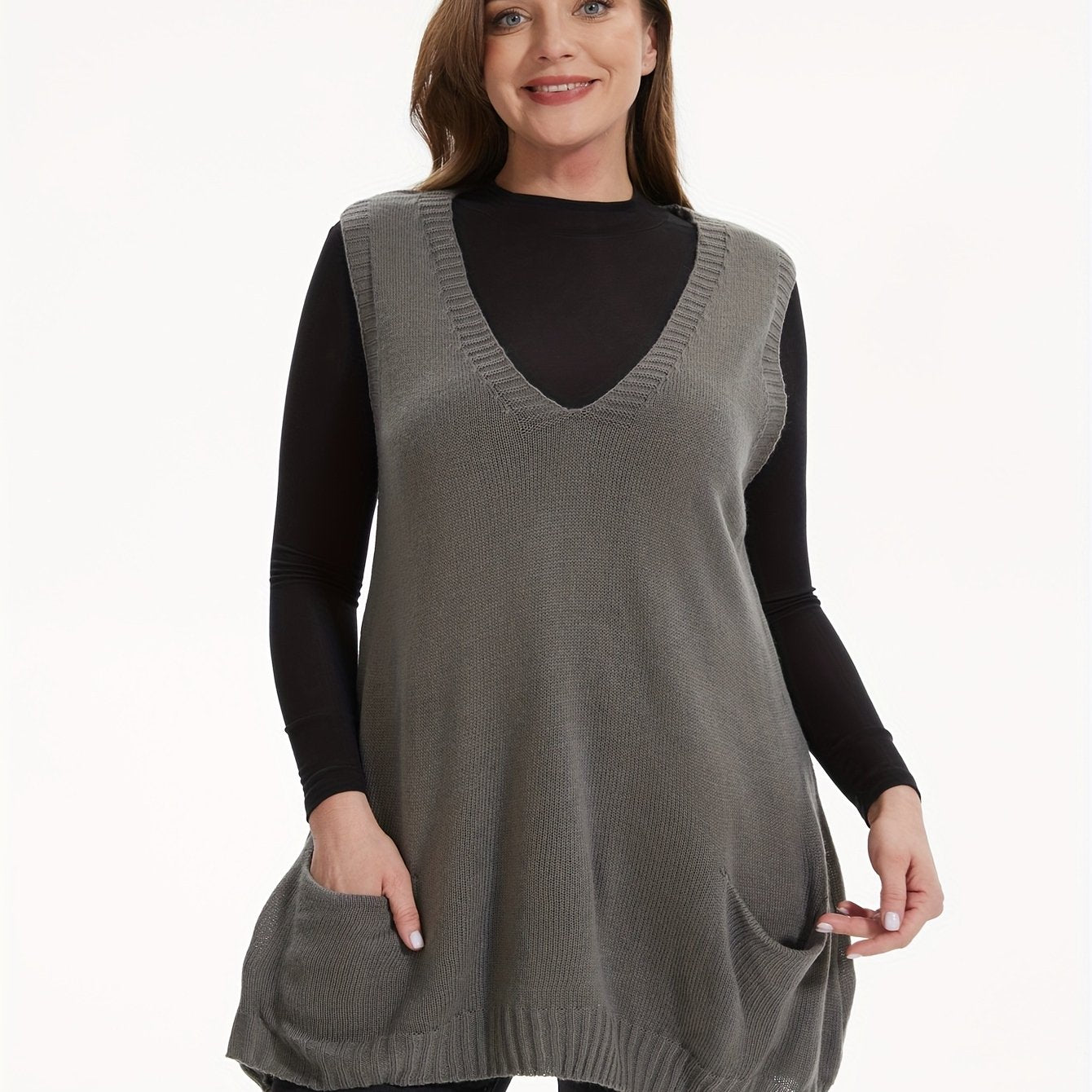 Plus Size Knitted Sweater Vest V-Neck Sleeveless Top Fall Winter Women