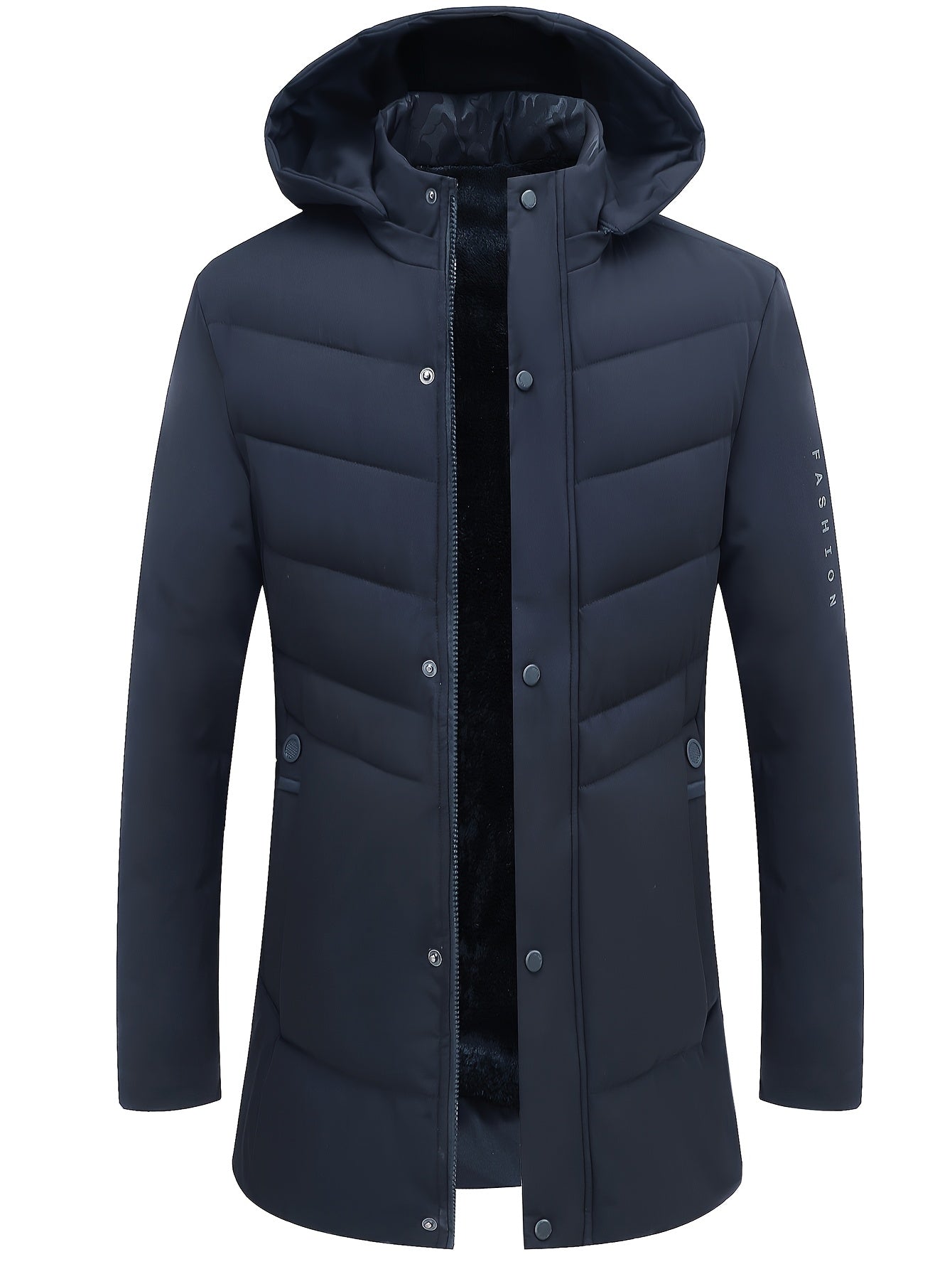Men's Navy Blue Fleece-Lined Mid-Length Zip-Up Hooded Jacket with Pockets