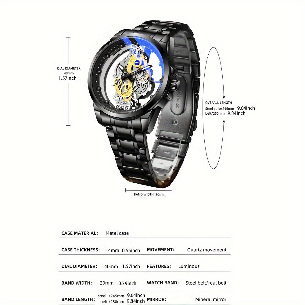Men's Steel Band Watch with Luminous Openwork Sheer Bottom Quartz Watch Gift