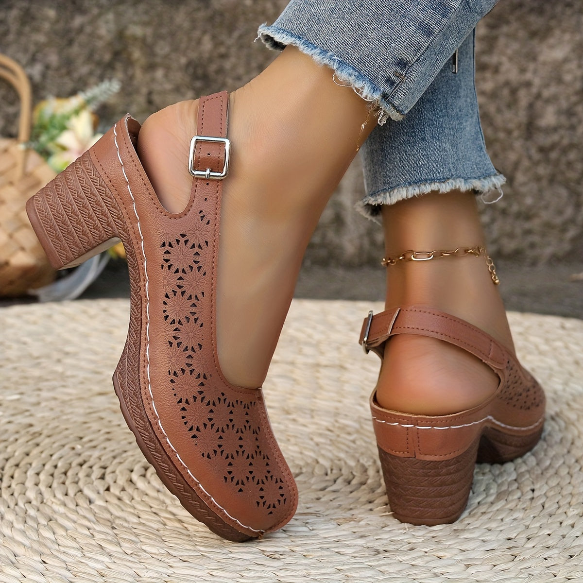 Women's High Heels Leather Closed Toe Strappy Chunky Heel Summer