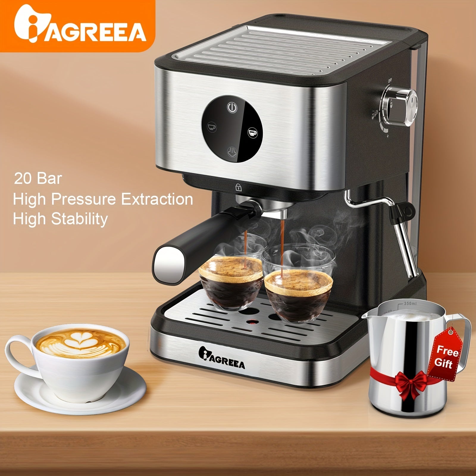 Italian Espresso Machine with Milk Frother 20Bar Digital Touch Screen 1.5L Semi-Automatic
