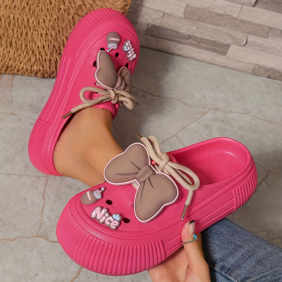 Women's Slide Sandals with Bow, Wooden Soles, Adjustable Strap for Summer