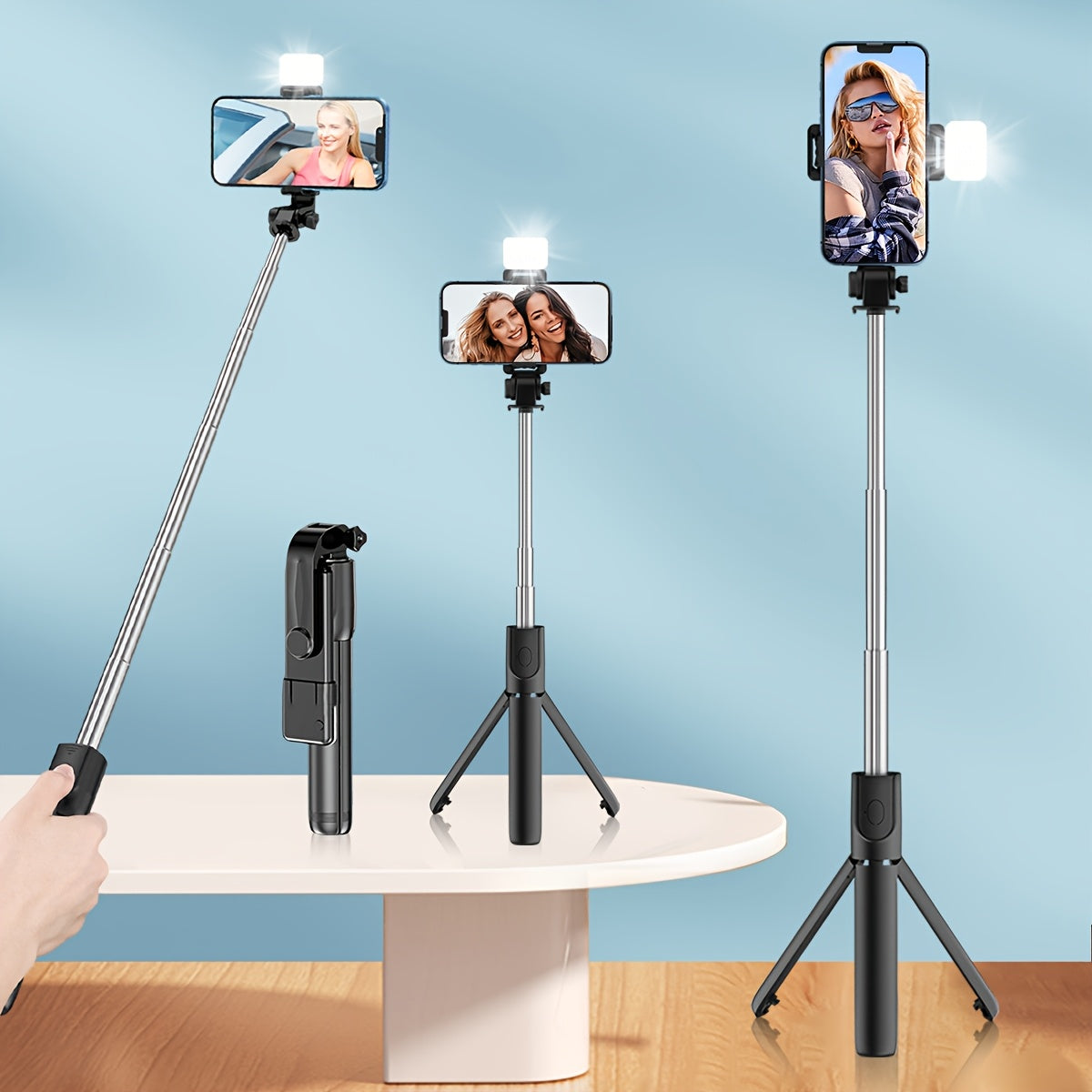 Telescopic Selfie Stick Tripod with 360 Degree Rotation Fill Light and Multi-Functional Support Stand