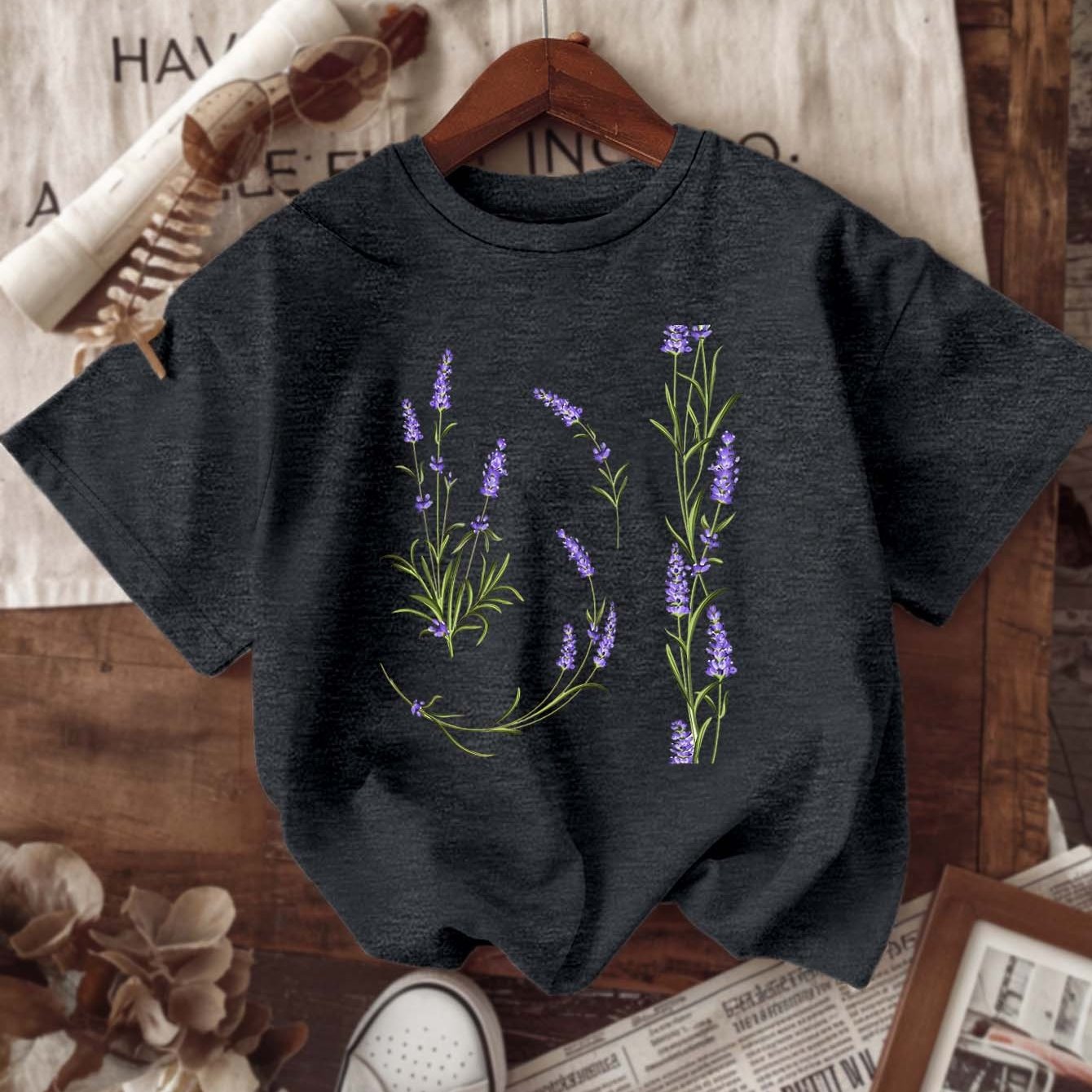 Plus Size Women's Lavender Letter Print Casual T-Shirt Floral Short Sleeve