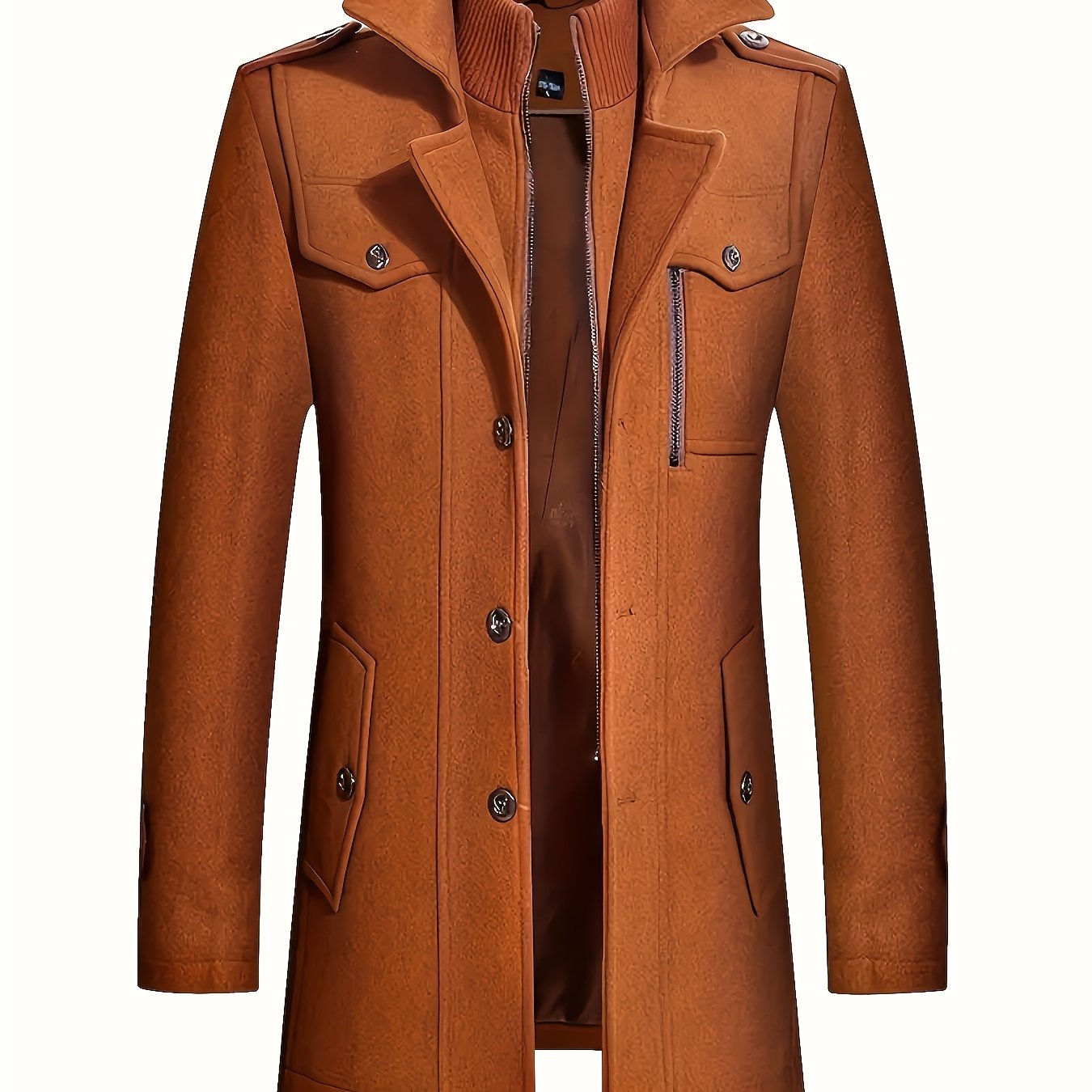 1 dona Erkaklar uchun Katta O'lchamdagi Tweed Qora Yalpiz Palto, Ikki Qopqoq, Bir xil Rang, Tugma va Cho'ntak Tafsilotlari, Kuz/Qish uchun Tor Fit