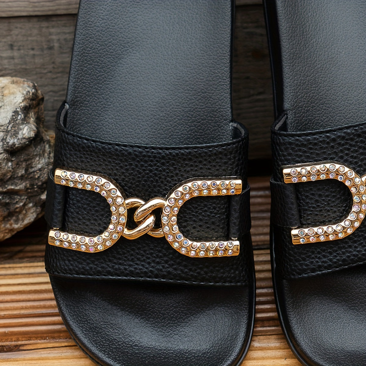 Women's Black Strappy Slide Sandals with Gold Buckle Low Heel